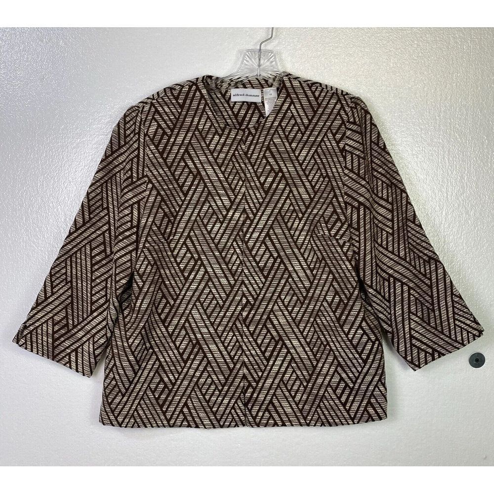 Alfred Dunner Dress Jacket Womens Sz 12 Brown White 3/4 Sleeves Open front lined